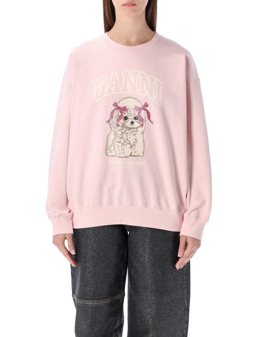 Ganni Playful Poodle Graphic Sweatshirt With Ribbed Trims