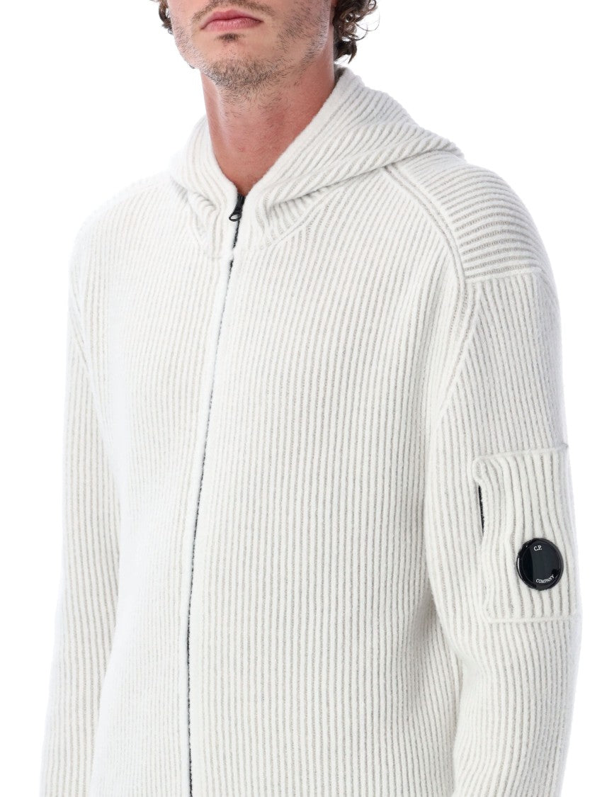 C.P. Company White Ribbed Knit Hooded Cardigan