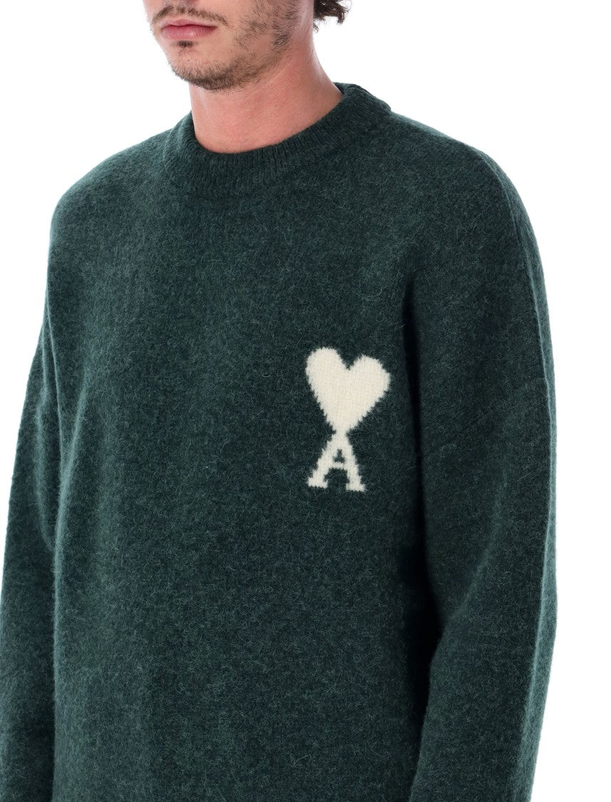 Ami Paris Dark Green Adc Heart Emblem Crewneck Sweater