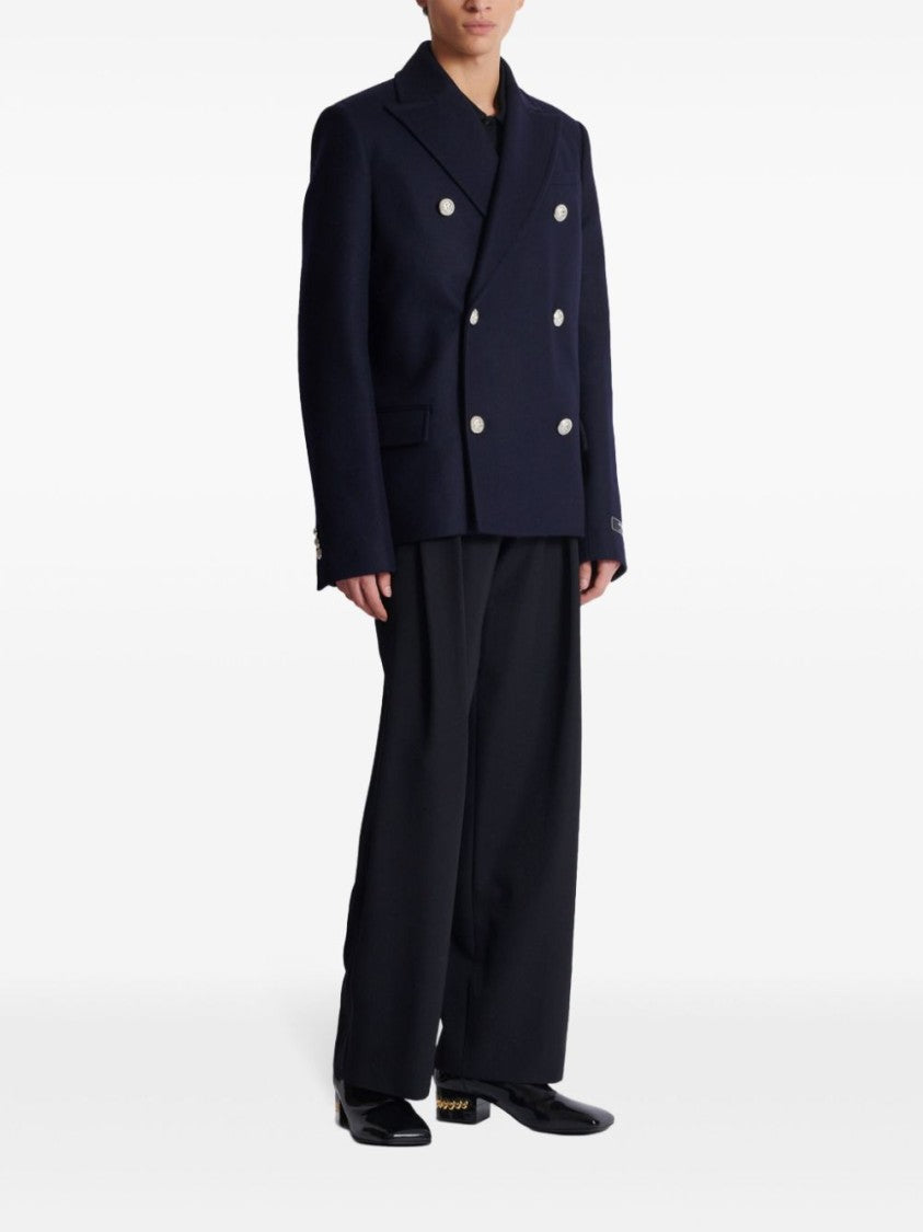 Balmain Navy Blue Virgin Wool Blend Double-Breasted Coat