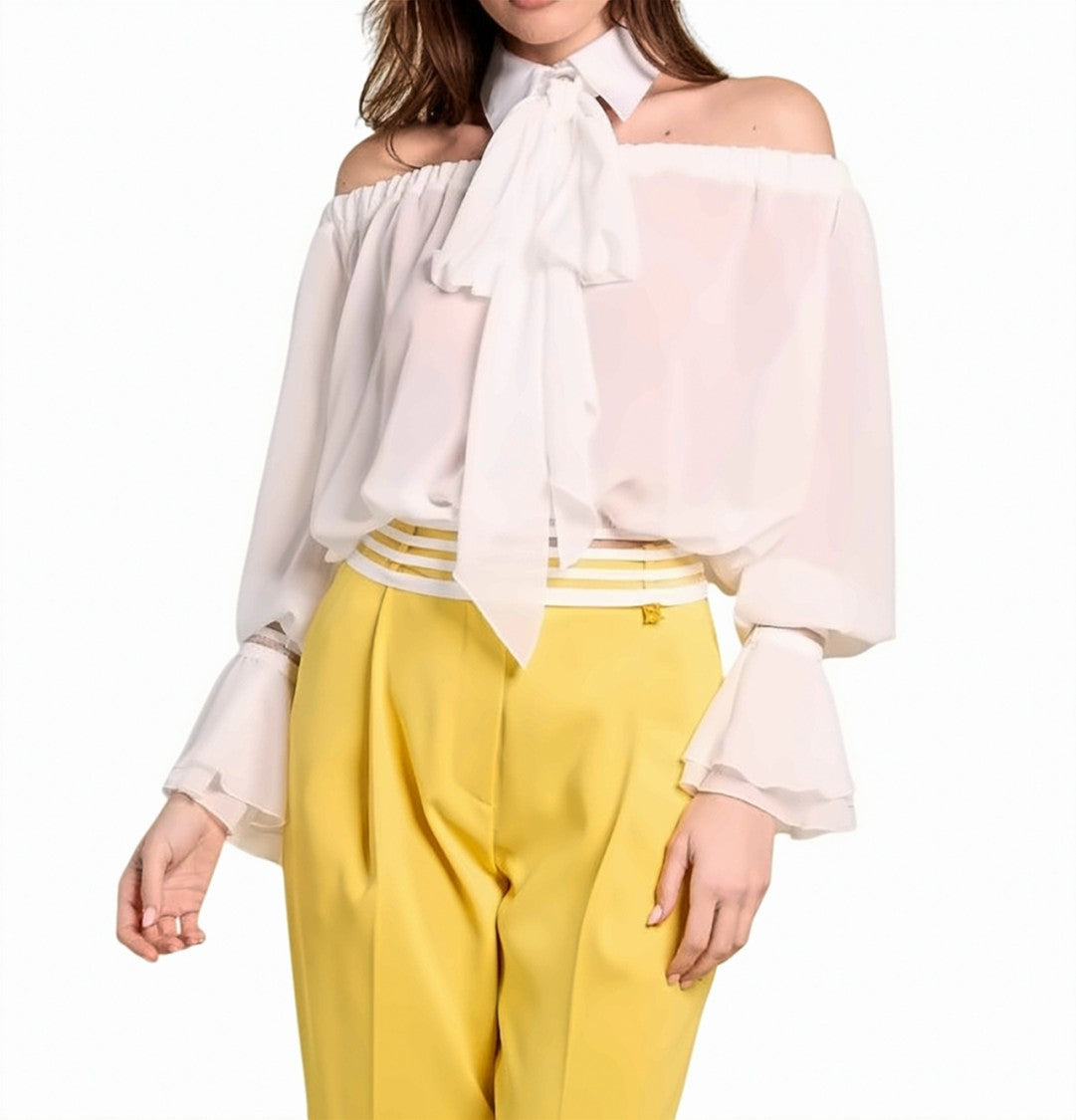 Elisabetta Franchi Ivory Off Shoulder Sash Shirt