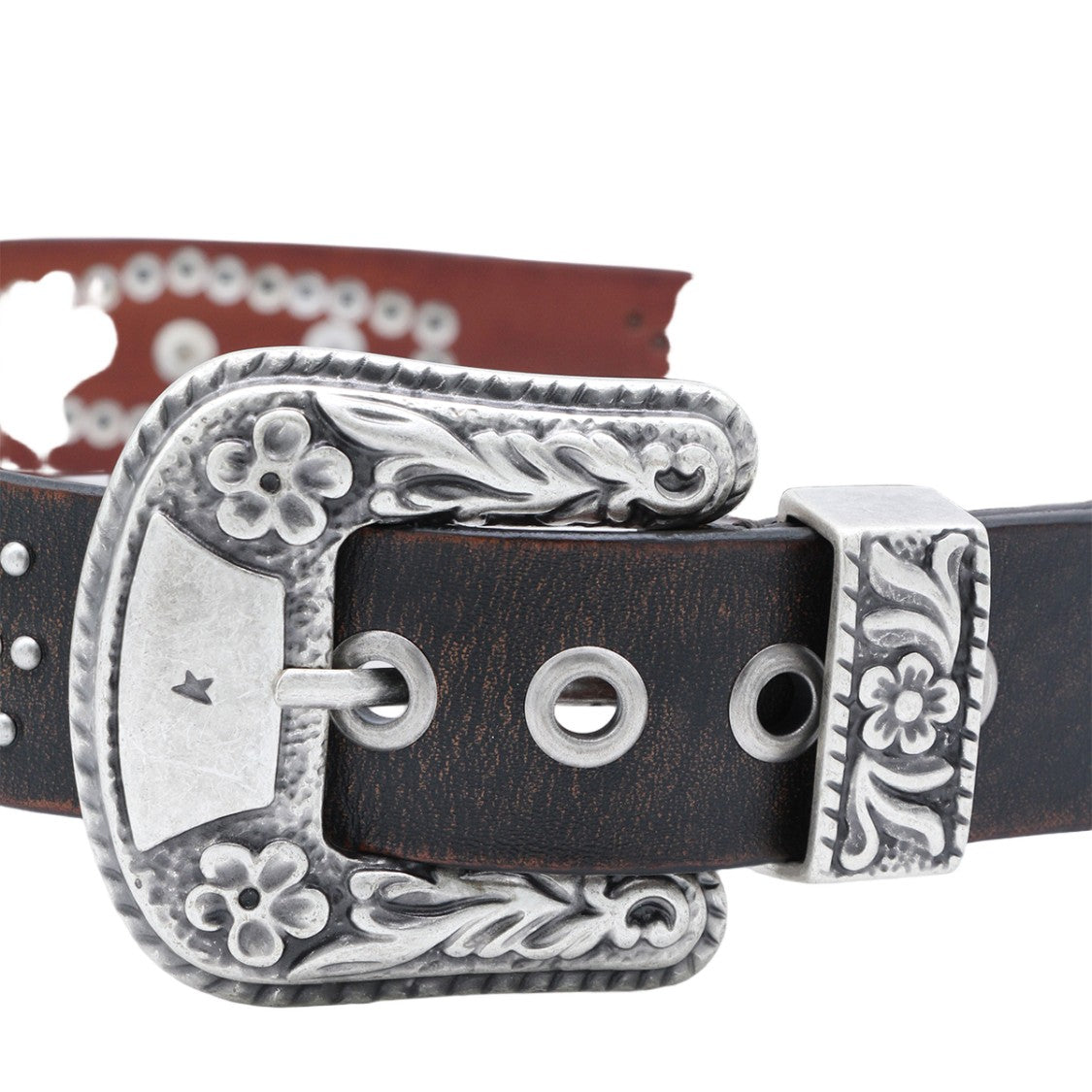 Golden Goose Dark Brown Leather Belt With Intricate Silver Engravings