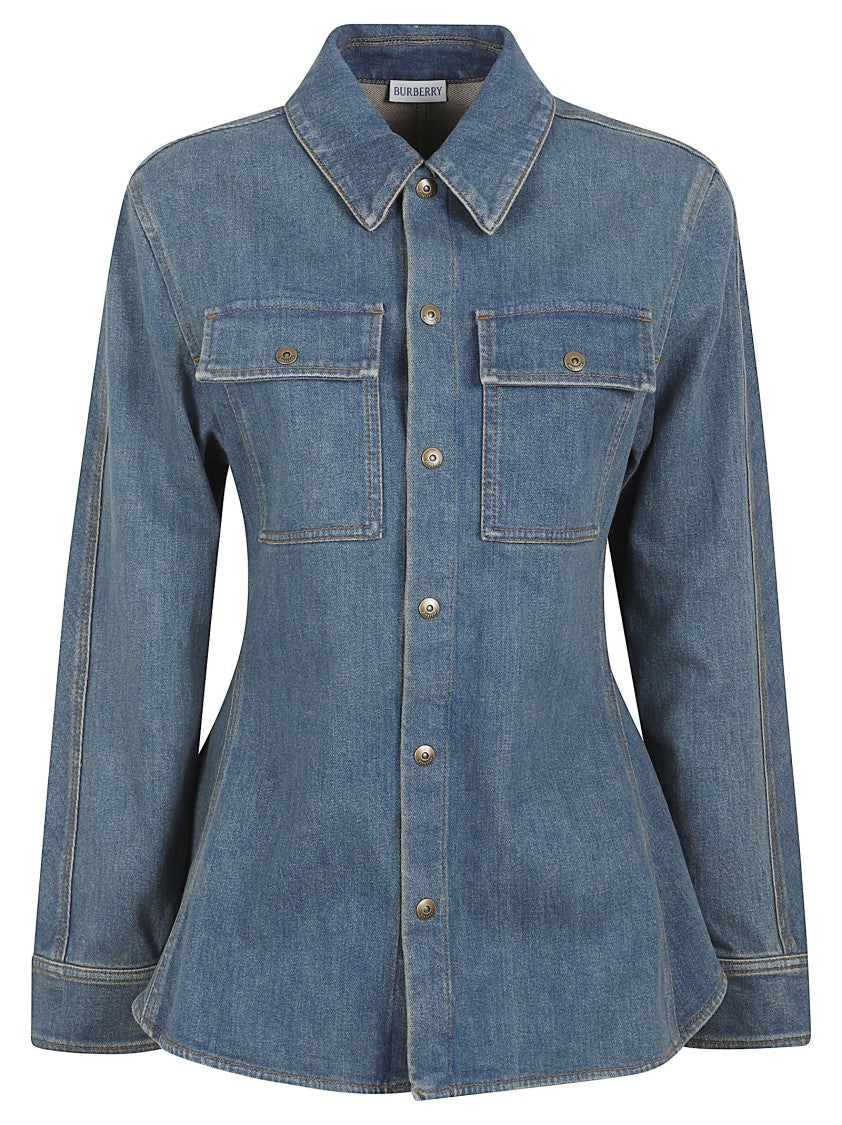 Burberry Fitted Denim Top With Peplum Hem