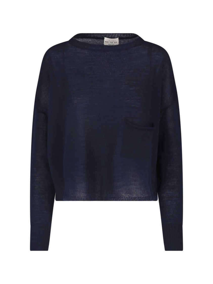Ma'ry'ya Navy Blue Virgin Wool Patch-Pocket Crewneck Sweater