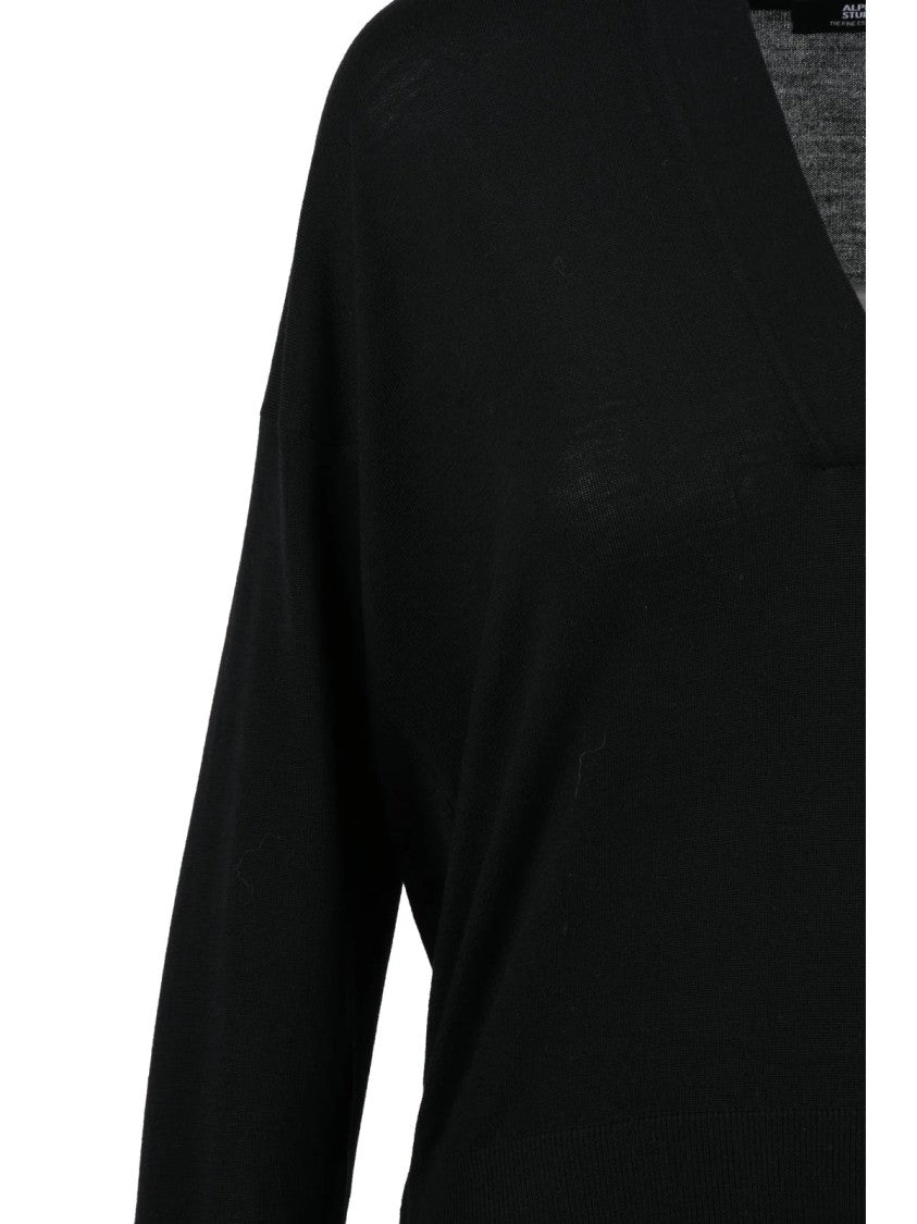 Alpha Studio Black Extrafine Merino Wool Polo Knit Sweater