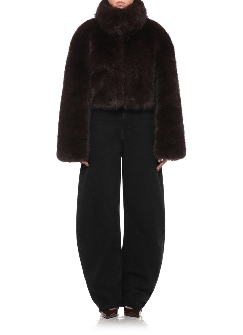 Rotate Brown Cropped High-Neck Fur Jacket