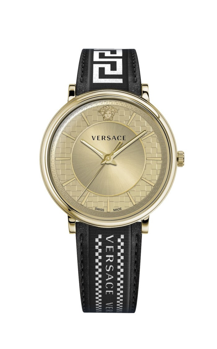 Versace Gold-Tone Stainless Steel Versace V-Circle Watch With Black Leather Strap