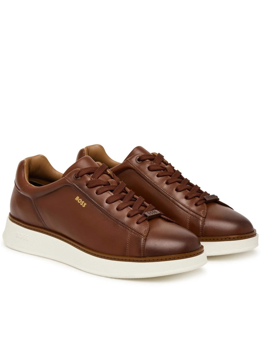 Hugo Boss Brown Smooth Leather White Sole Sneakers