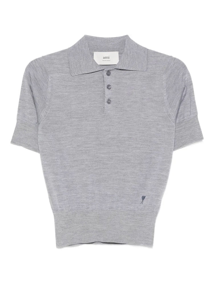Ami Paris Grey Ami De Coeur Fine-Knit Wool-Silk Polo Shirt
