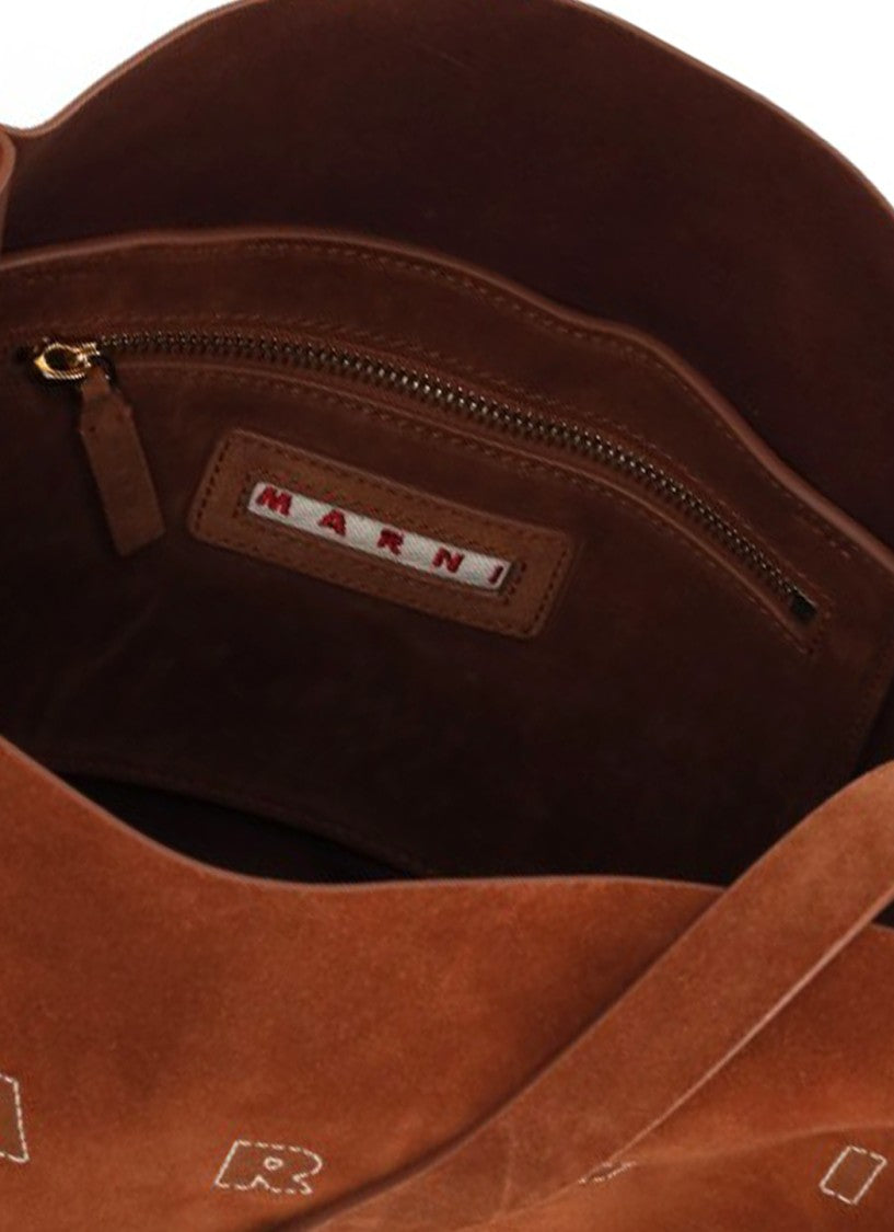 Marni Rectangular Brown Leather Shopping Bag With Embroidered Logo