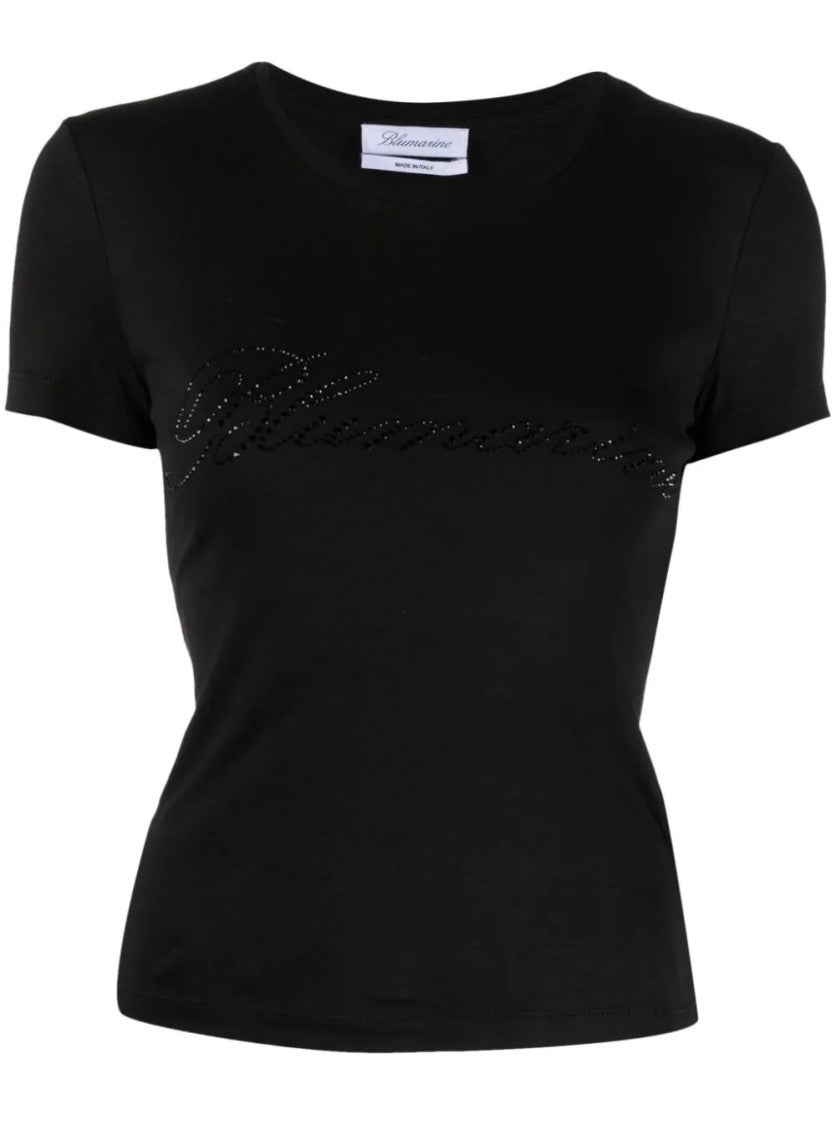 Blumarine Black Logo T-Shirt With Rhinestone Embellishment