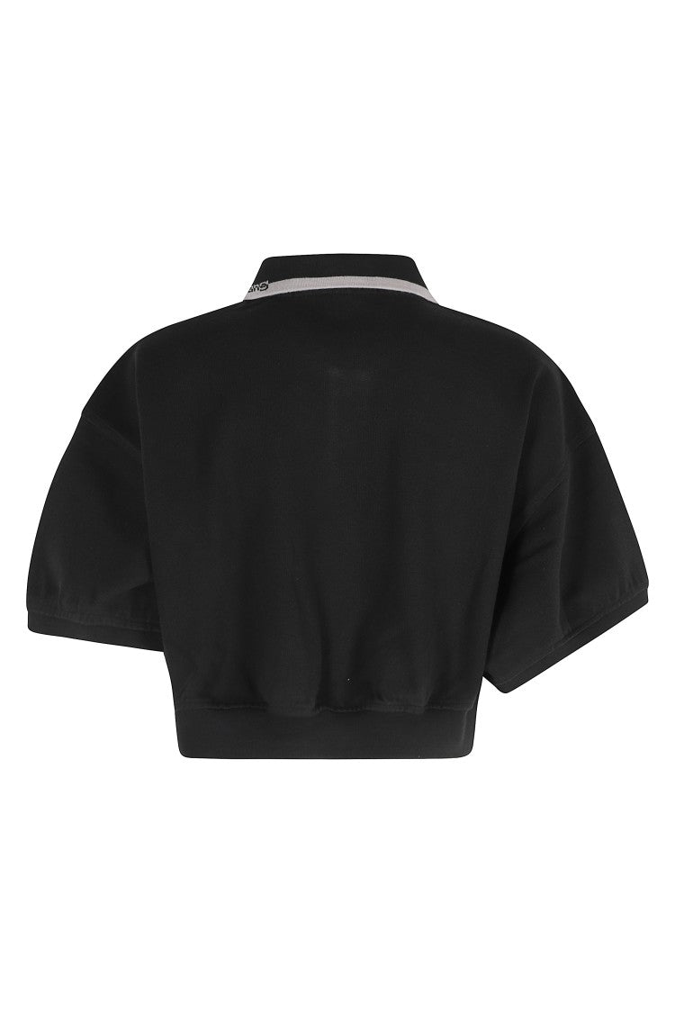 Alexander Wang Black Relaxed Cropped Cinched Logo Cotton-Blend Polo Shirt