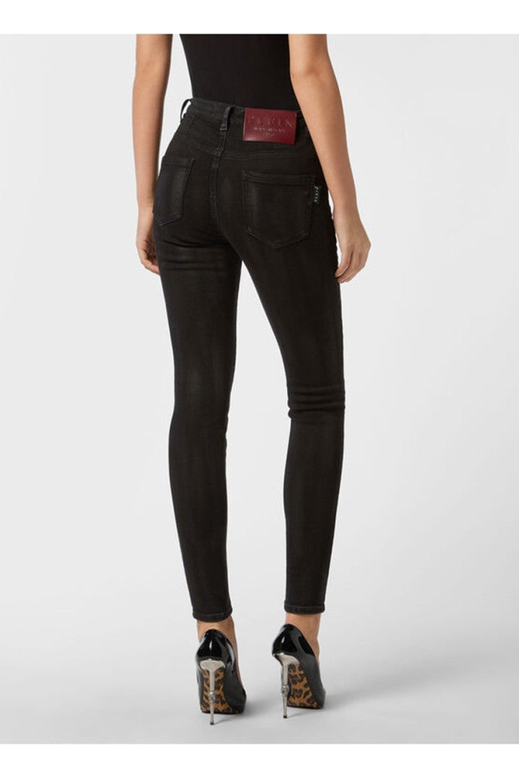 Philipp Plein Black Coated Waxed Hexagon Patch Cotton-Blend Skinny Jeans