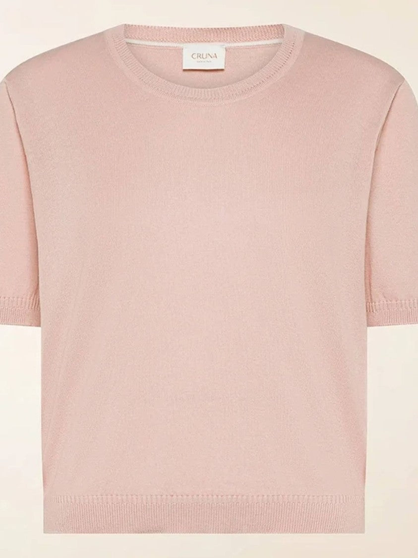 Cruna Cropped Pink Knitted Ribbed Edge T-Shirt