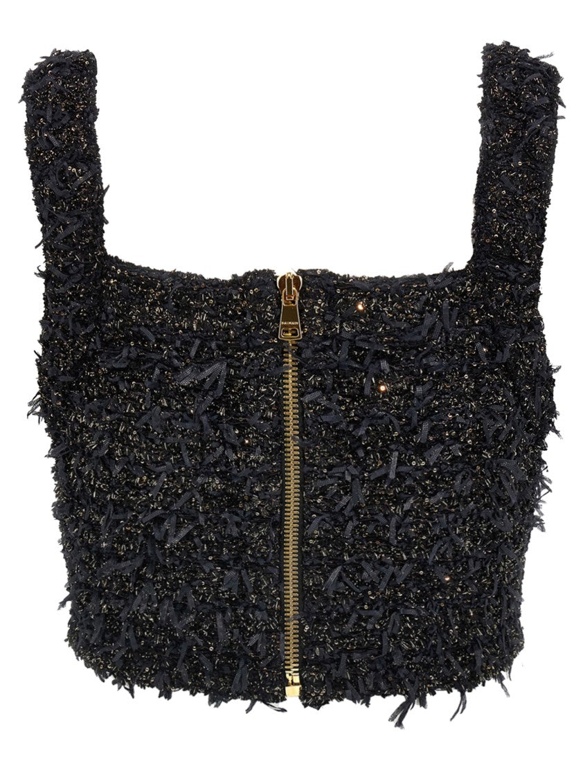 Balmain Lurex-Thread Tweed Crop Top With Fringed Detail