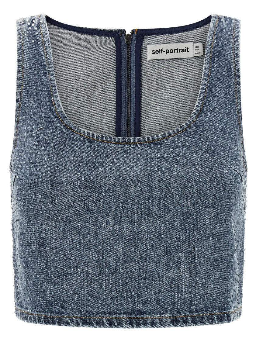 Self-Portrait 'Rhinestone Denim Crop' Top