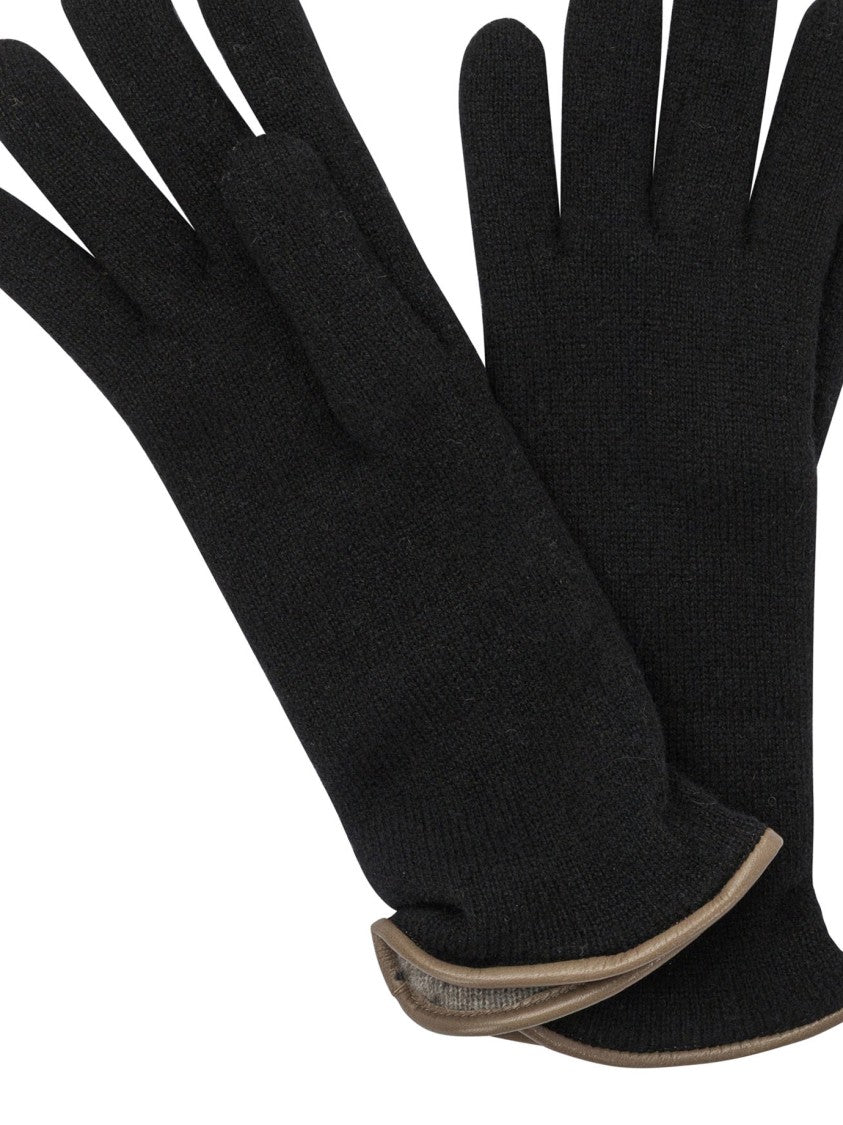Restelli Black Cashmere Gloves With Leather Hem And Tassel Detailing