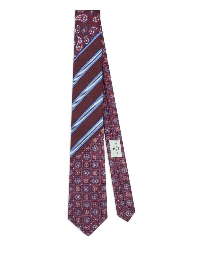 Etro Patchwork Silk Tie In Bordeaux With Designs