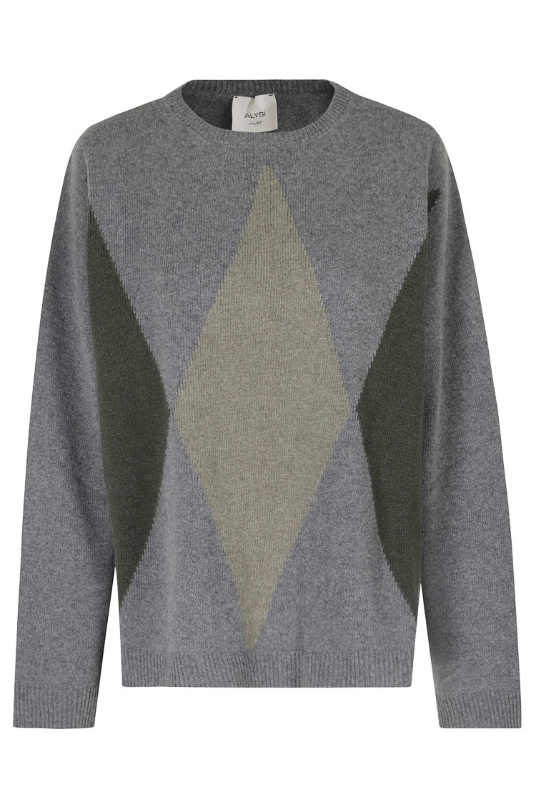Alysi Gray Francy Knit Rombi Diamond-Pattern Wool-Blend Sweater