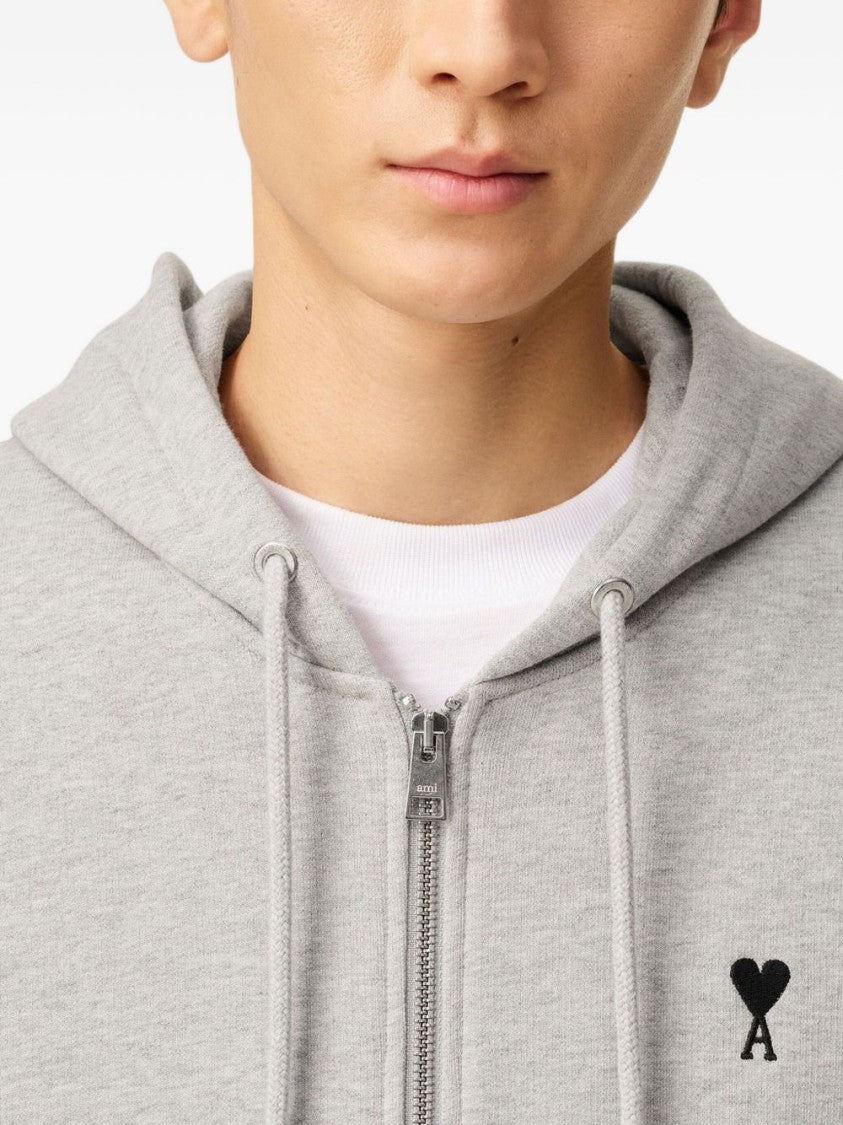 Ami Paris Light Grey Zip-Up Hoodie With Subtle Embroidered Detail