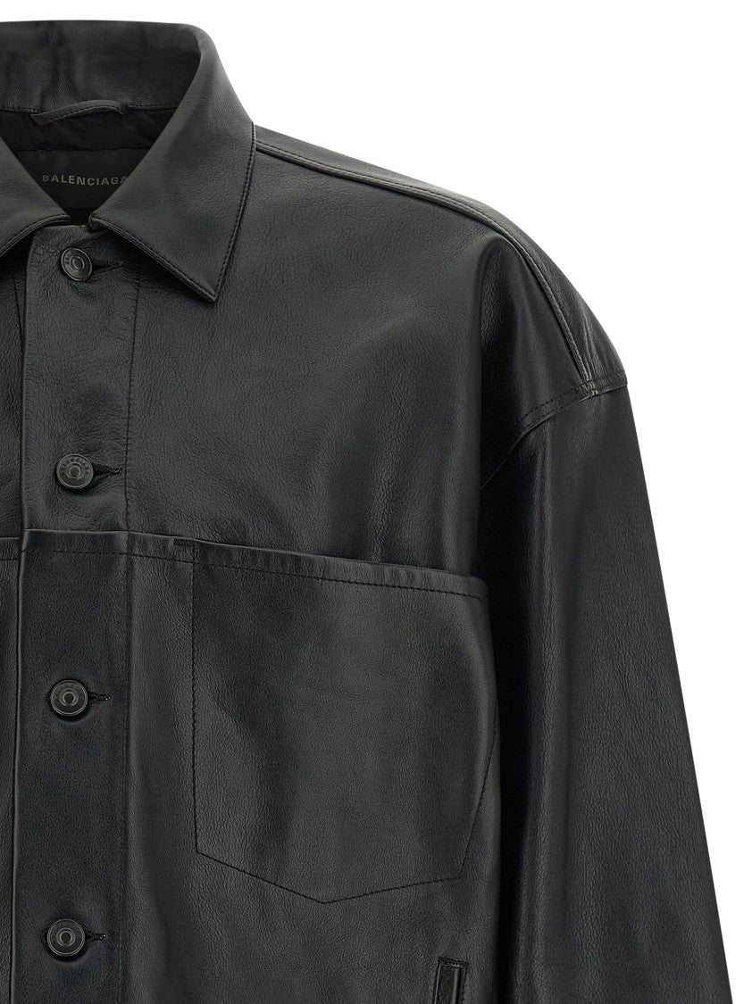 Balenciaga Garnet Buffalo Leather Shirt Jacket With Embroidered Gothic Denim Pattern