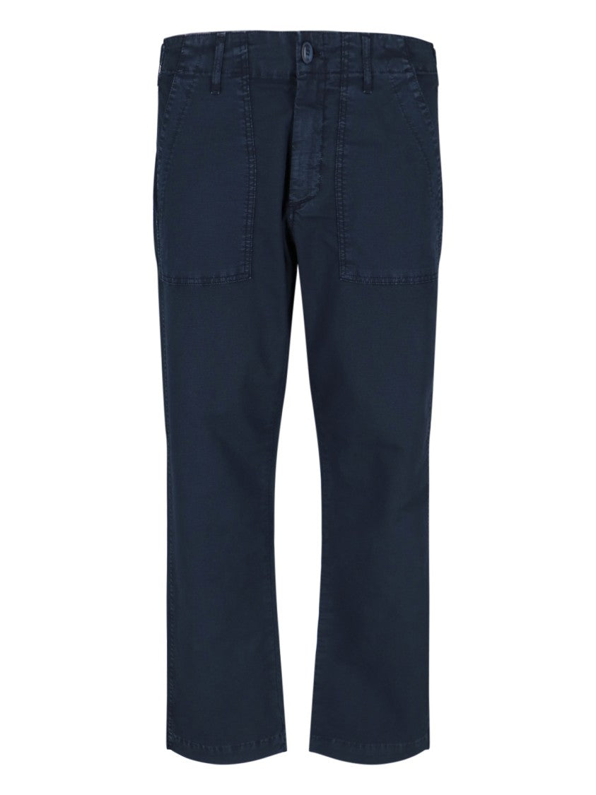 Cruna Navy Blue Straight-Leg Trousers With Adjustable Button Straps