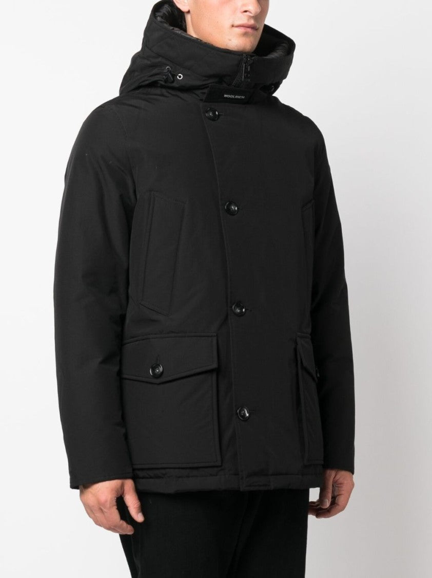 Woolrich Padded Jet Black Parka With Logo Print And Drawstring Hood
