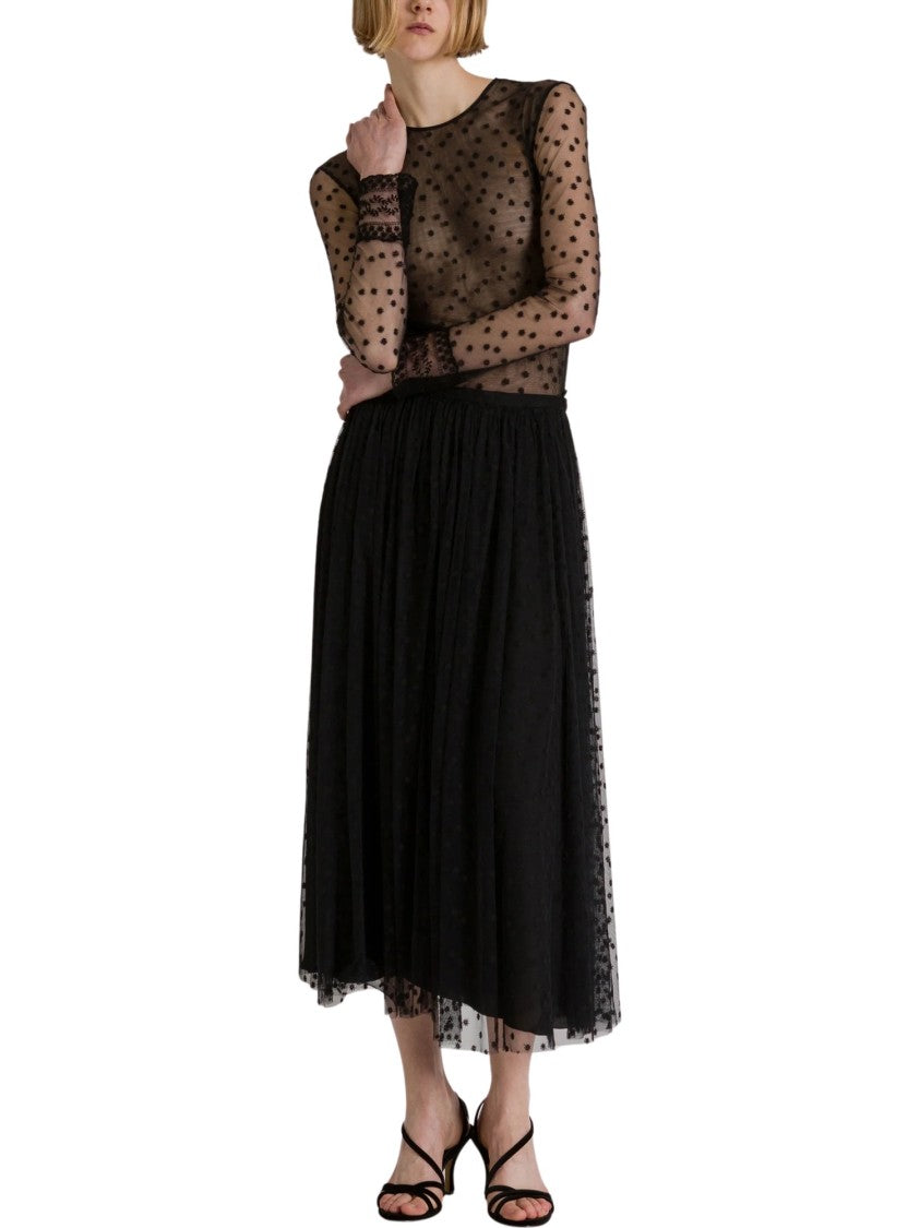 Alberta Ferretti Midi Skirt With Gathered Layers And Polka Dot Sheer Overlay