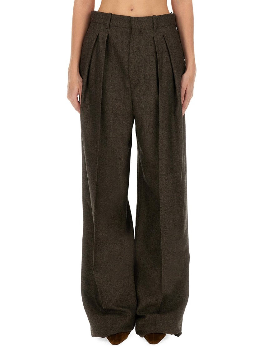 Saint Laurent Pleated High Waist Wool Wide Leg Pants
