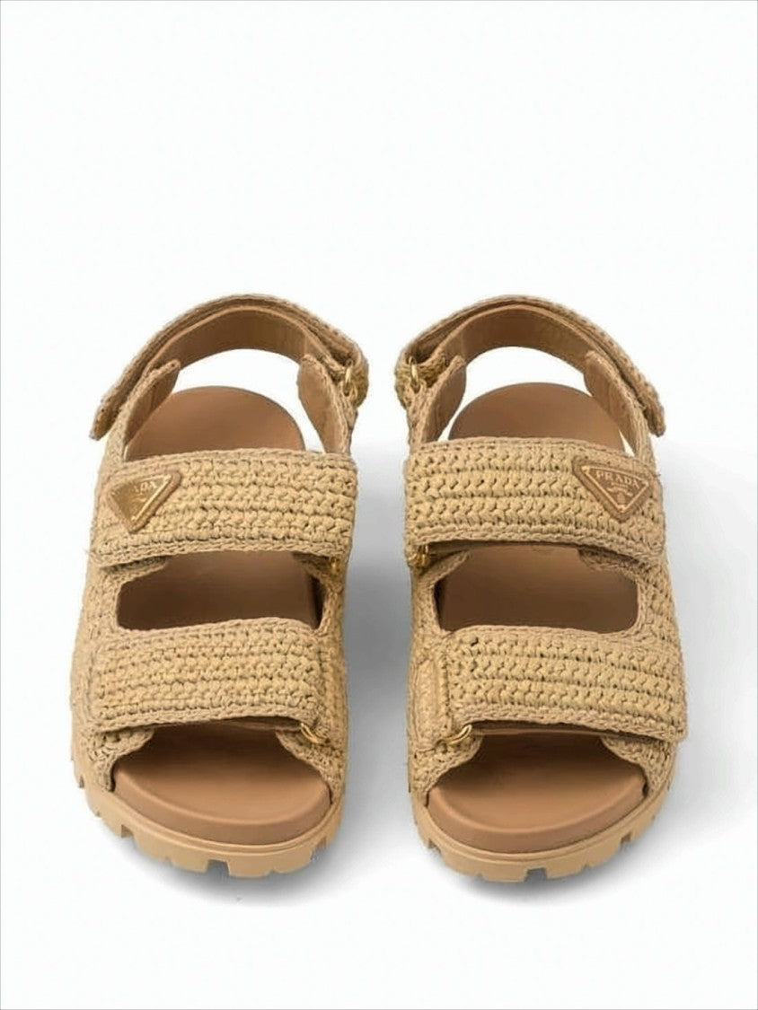 Prada Woven Texture Sandals With Adjustable Straps And Triangular Logo