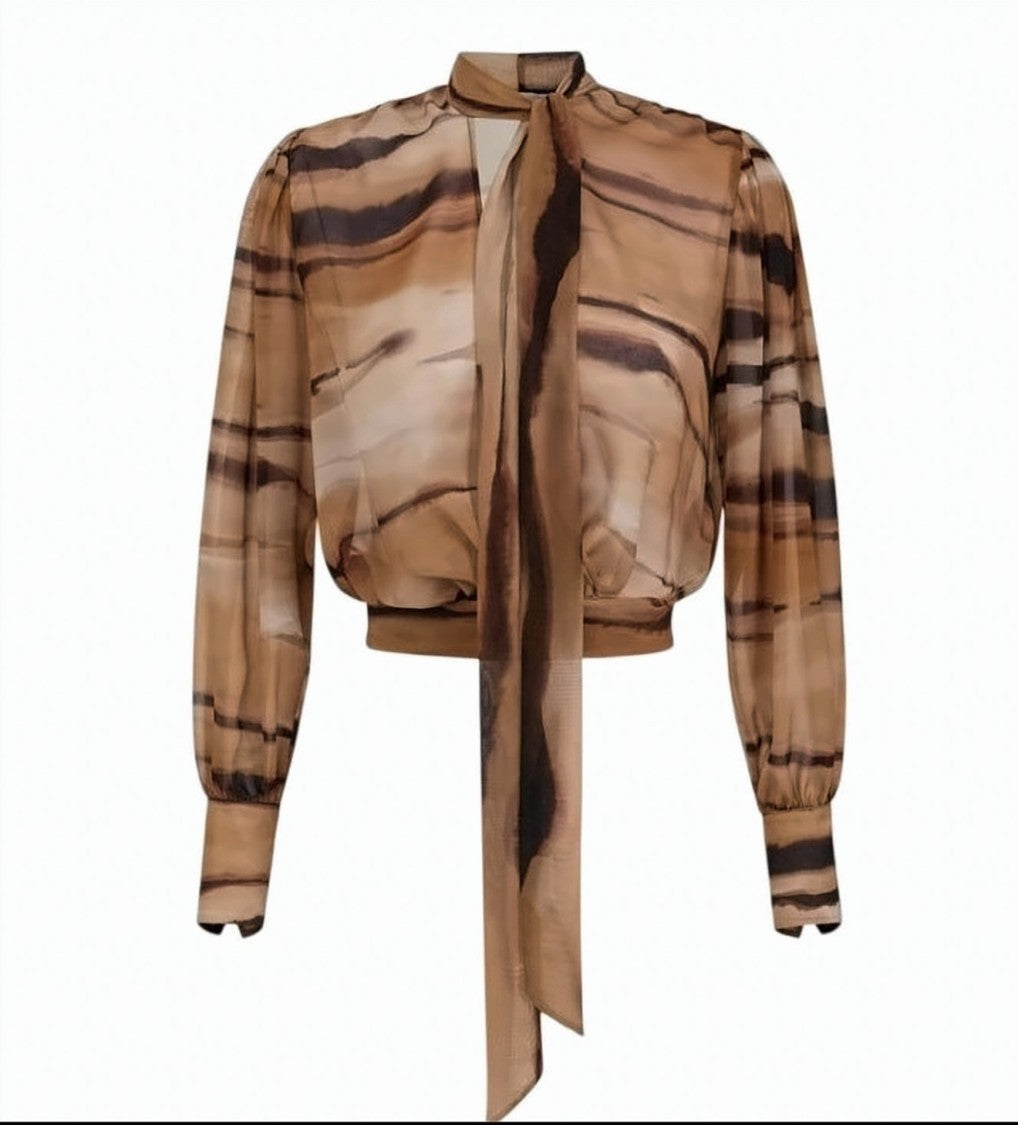 Elisabetta Franchi Tiger Print Chiffon Sash Blouse