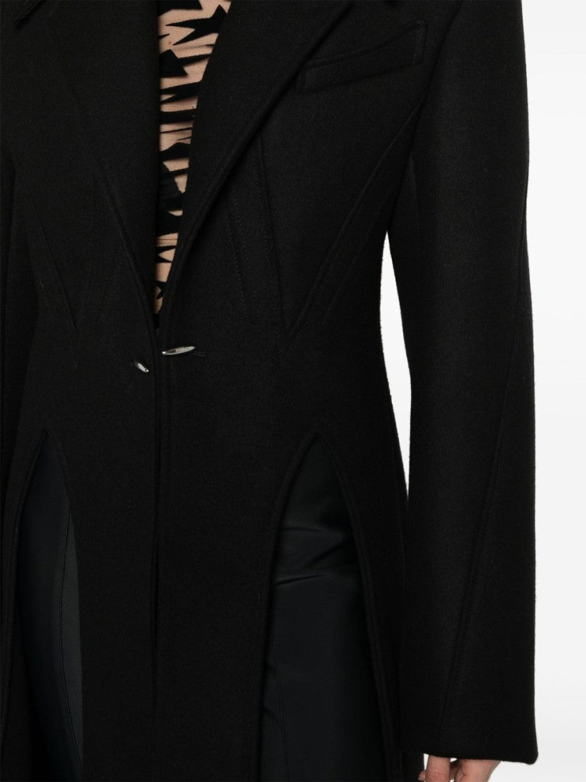 Mugler Asymmetric Hem Black Wool Blend Coat With Cut-Out Detailing