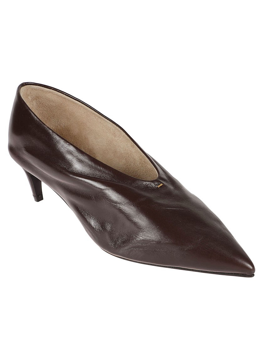 Khaite Pointed-Toe Brown Leather Pump With Low Kitten Heel