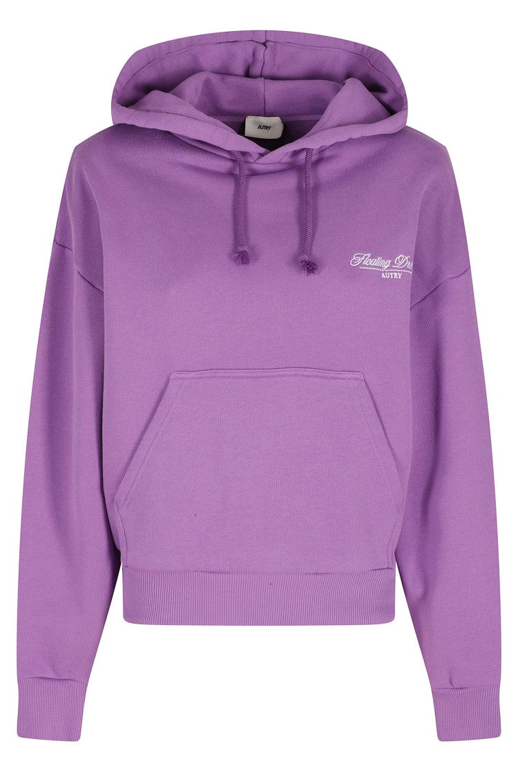 Autry Purple Embroidered Slogan Ribbed Trim Cotton Hoodie