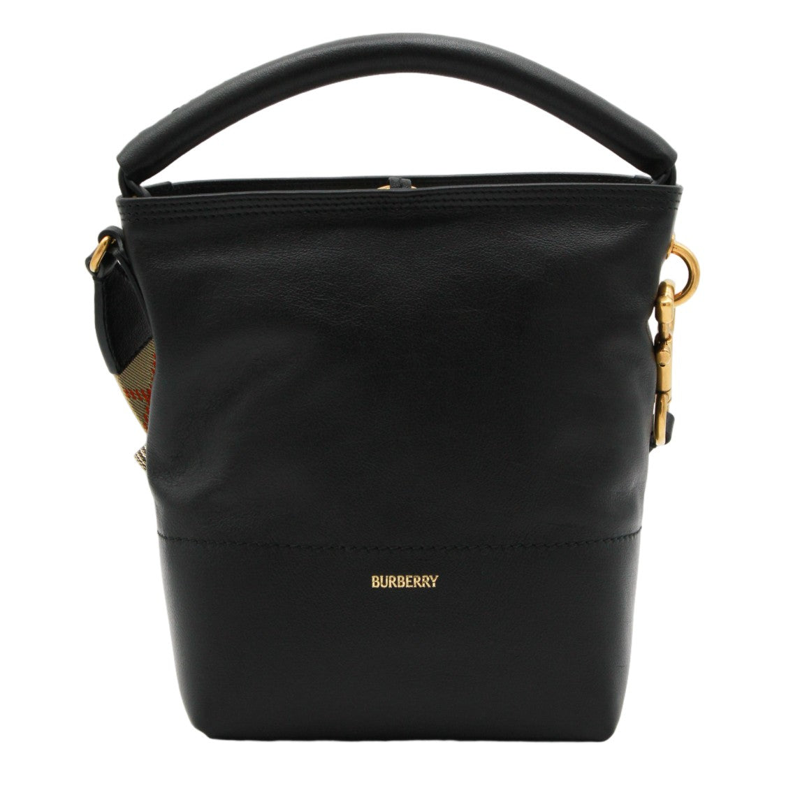 Burberry Structured Black Leather Bucket Bag With Classic Check Strap