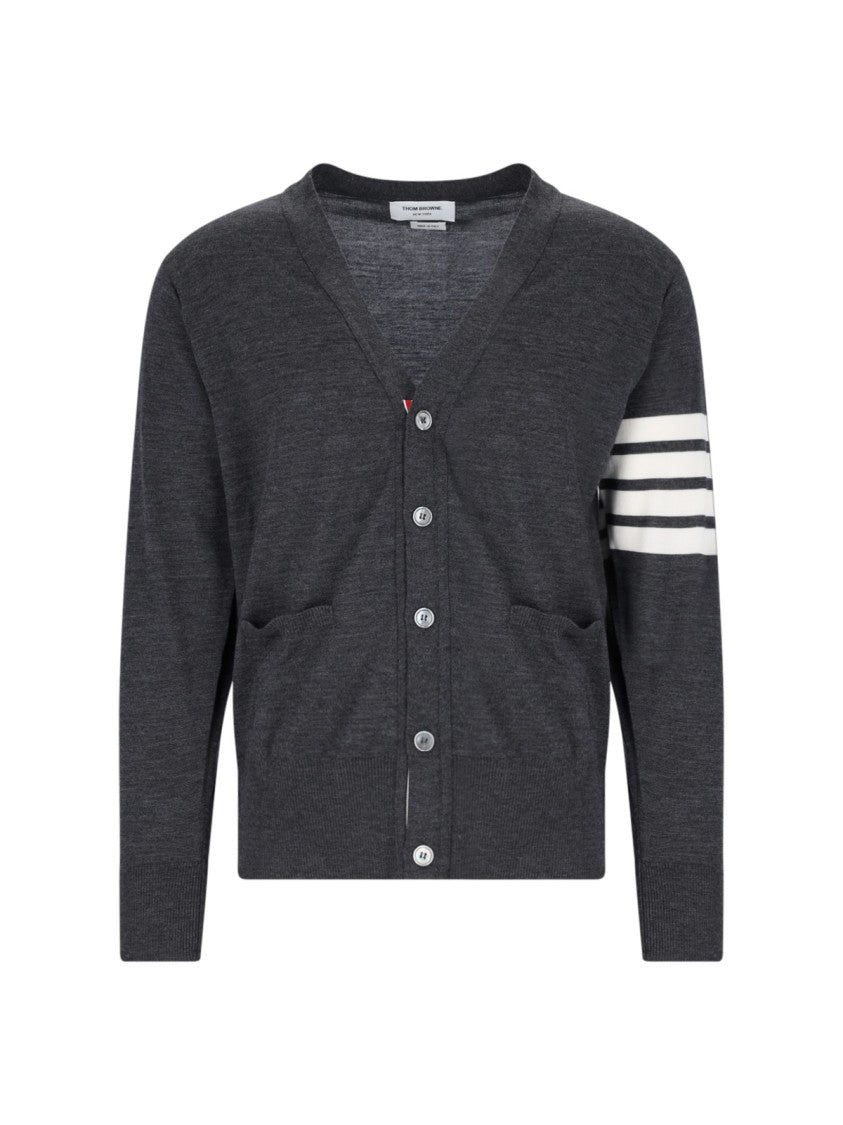 Thom Browne Iconic V-Neck Cardigan In Grey Wool With Signature Stripes
