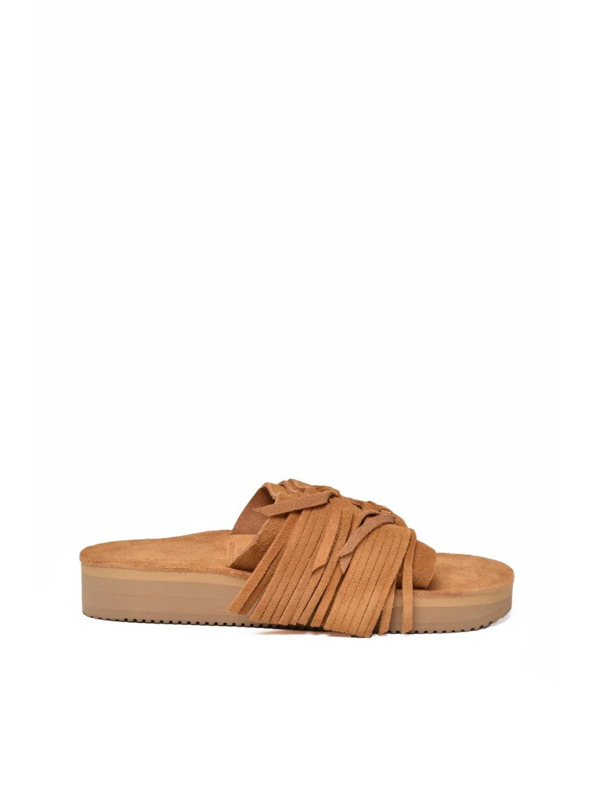 Corbi & Sons Beige Layered Fringe Suede Platform Slide Sandals