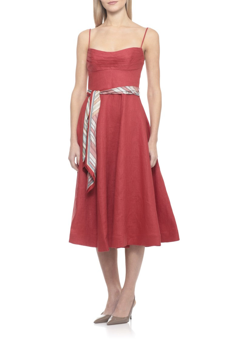 Zimmermann Fitted Midi Linen Dress With Striped Foulard Belt