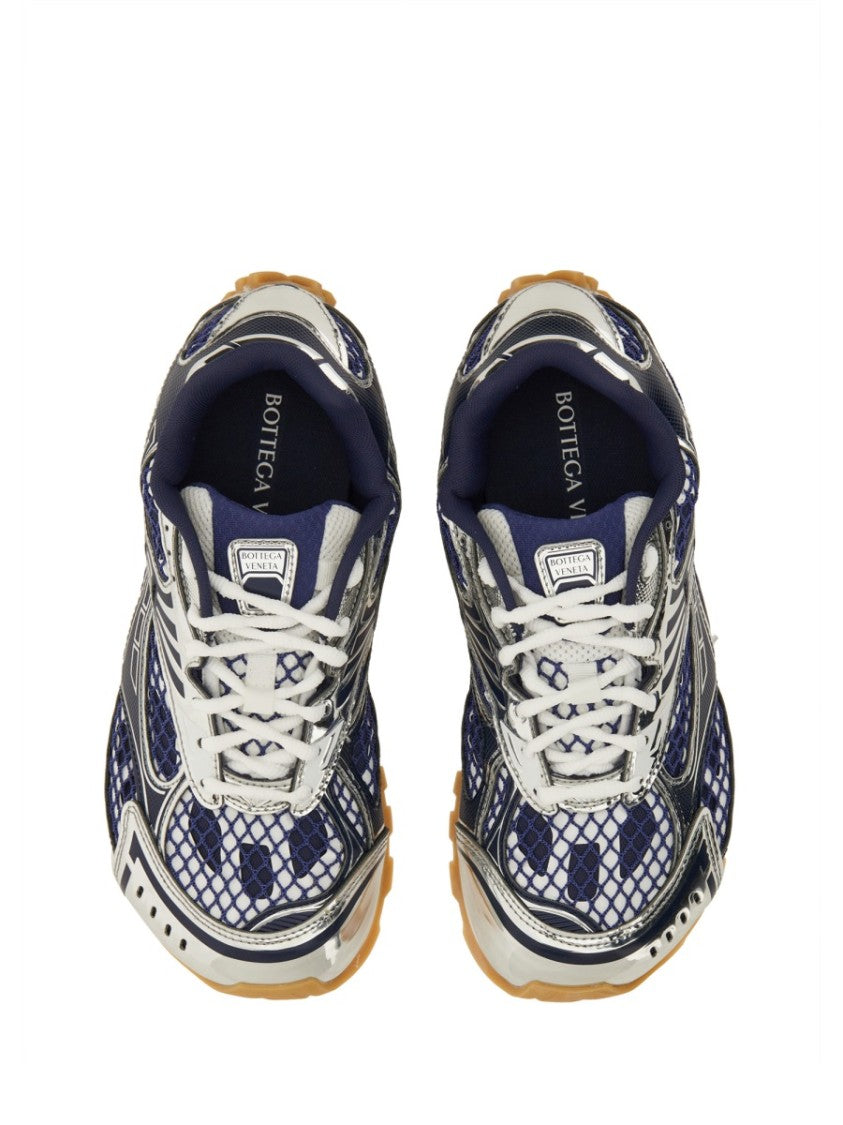 Bottega Veneta Futuristic Metallic Silver Sneakers With Navy Blue Mesh Accents