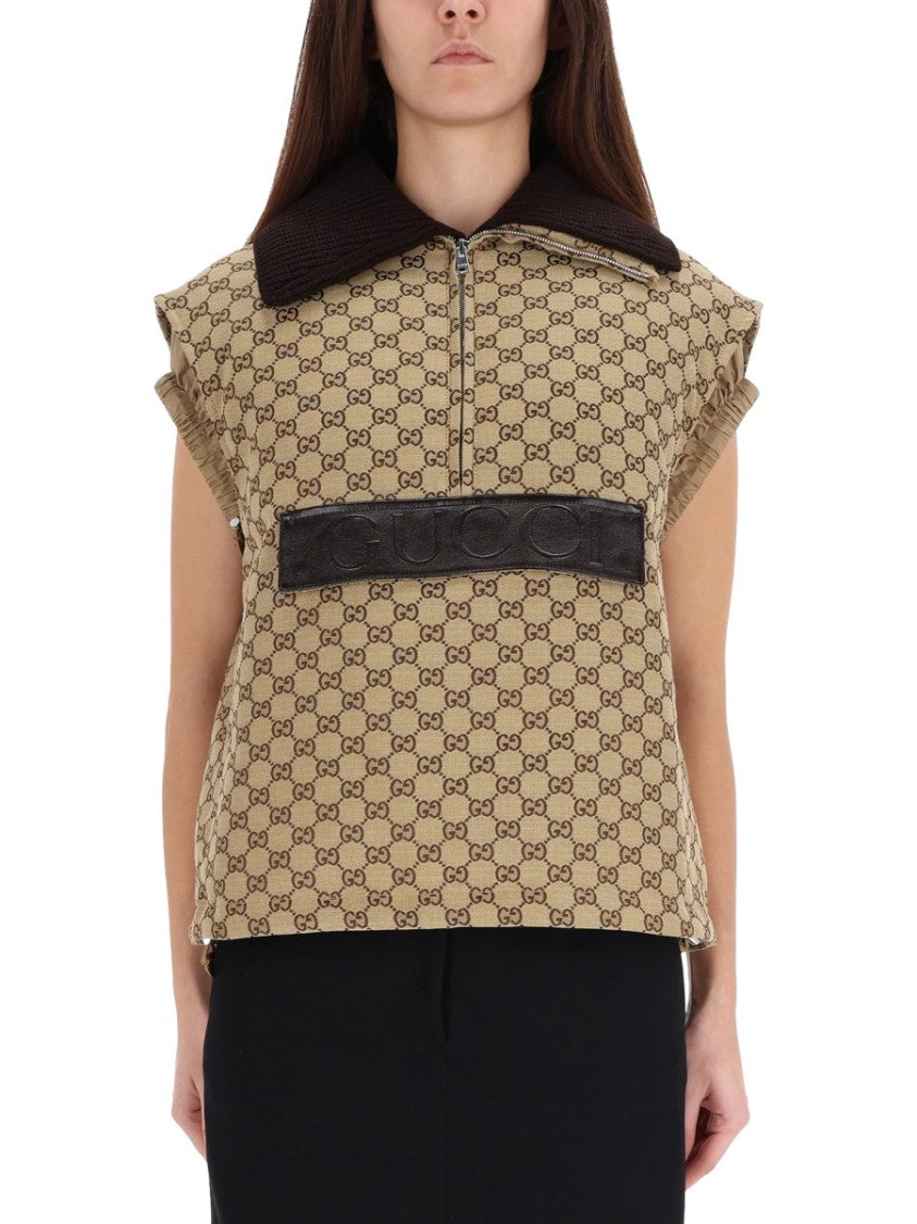 Gucci Canvas Vest With Monogram Pattern And Leather Label