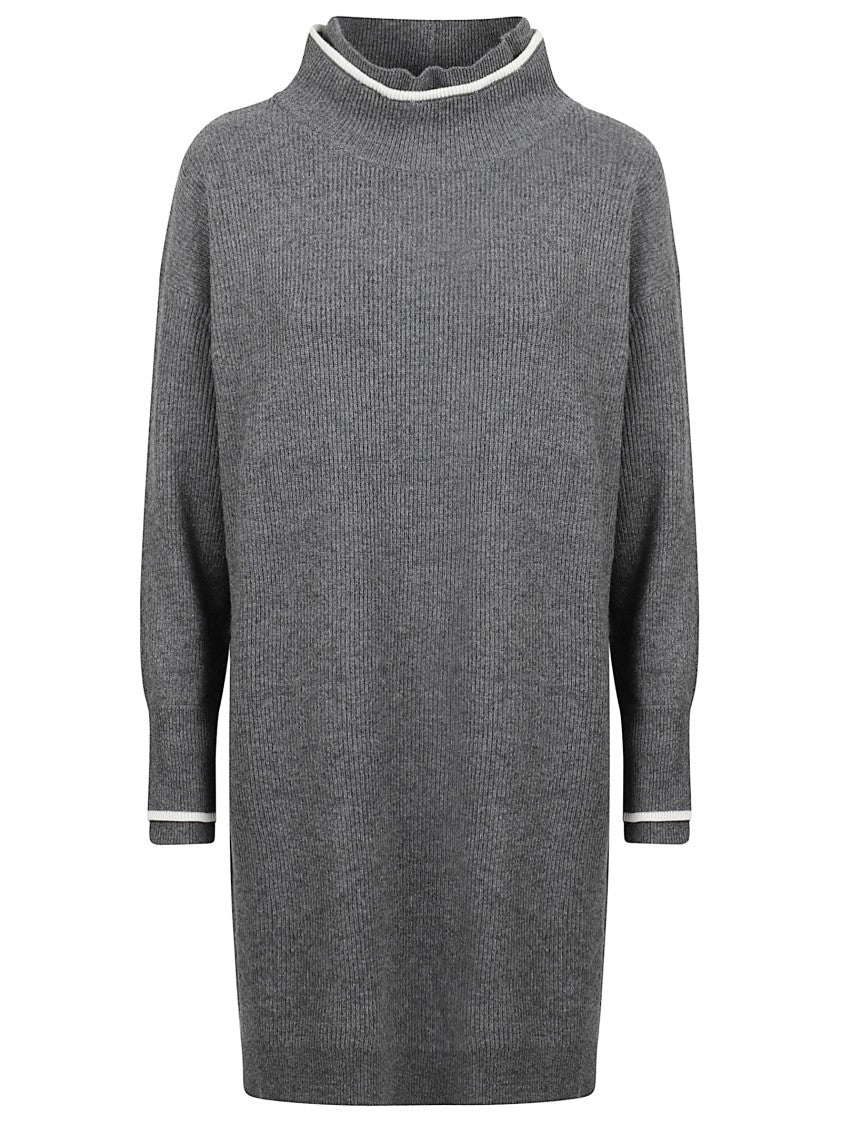 Brunello Cucinelli Grey Ribbed Knit Dress With High Neck