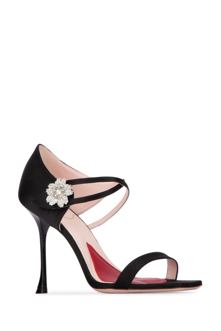 Roger Vivier Black Satin-Finish High-Heeled Sandals With Floral Embellishment
