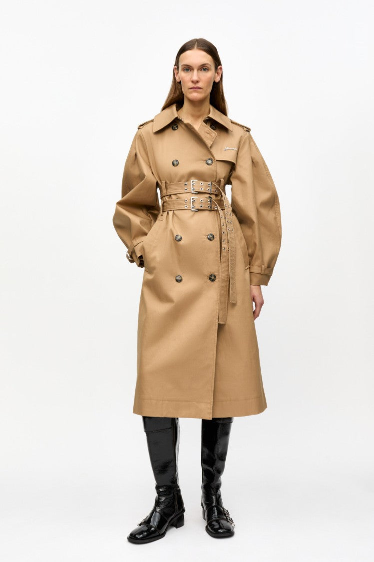 Ganni Camel Bonded Cotton Trench Coat
