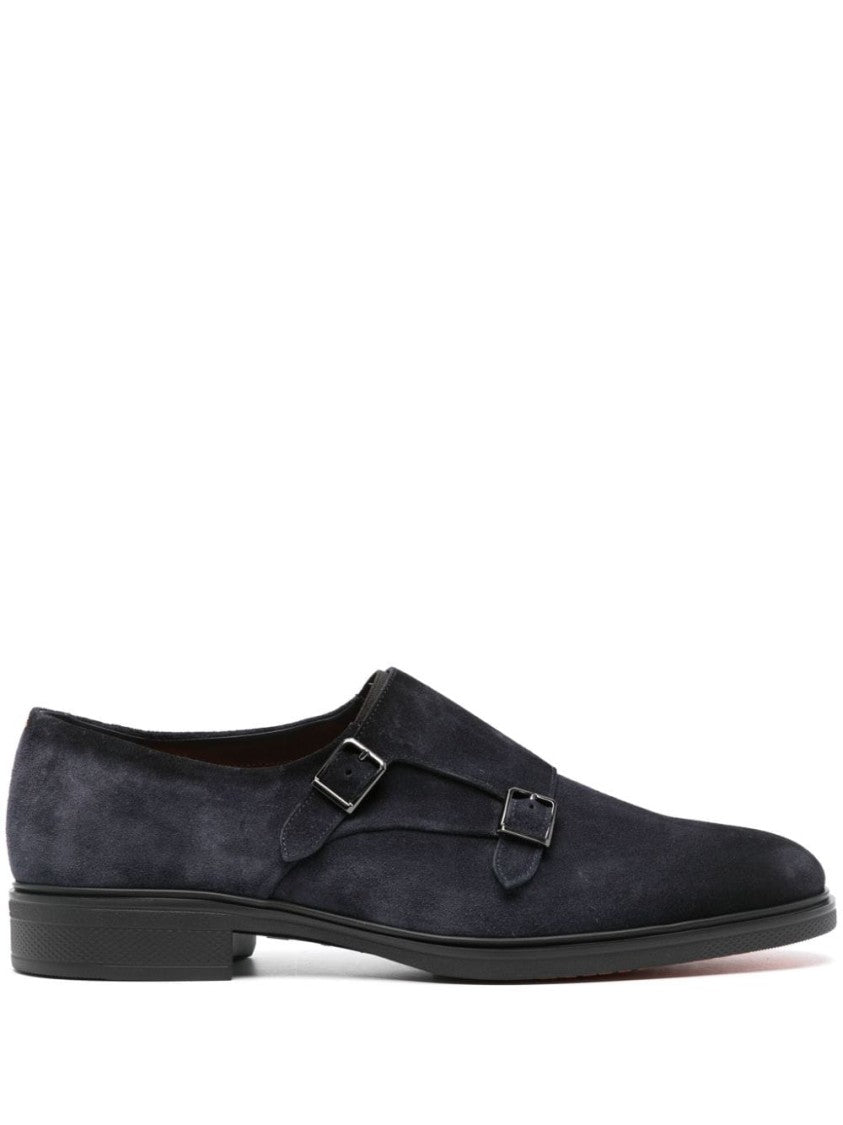Santoni Black Suede Moccasin With Double Monk Strap