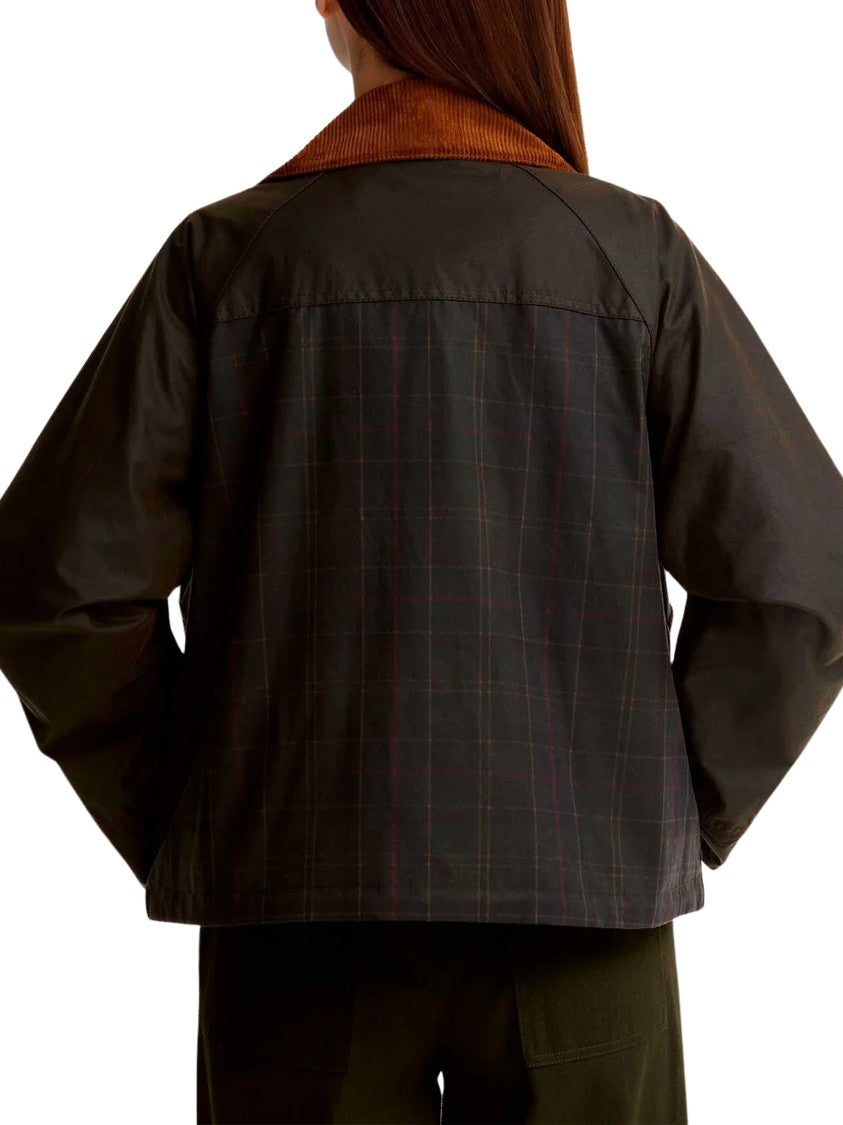 Barbour Cropped Waxed Jacket With Plaid Accents And Corduroy Collar