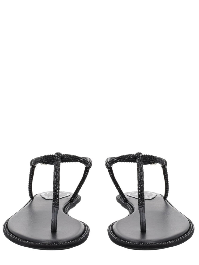 René Caovilla Minimalist T-Strap Embellished Sandals