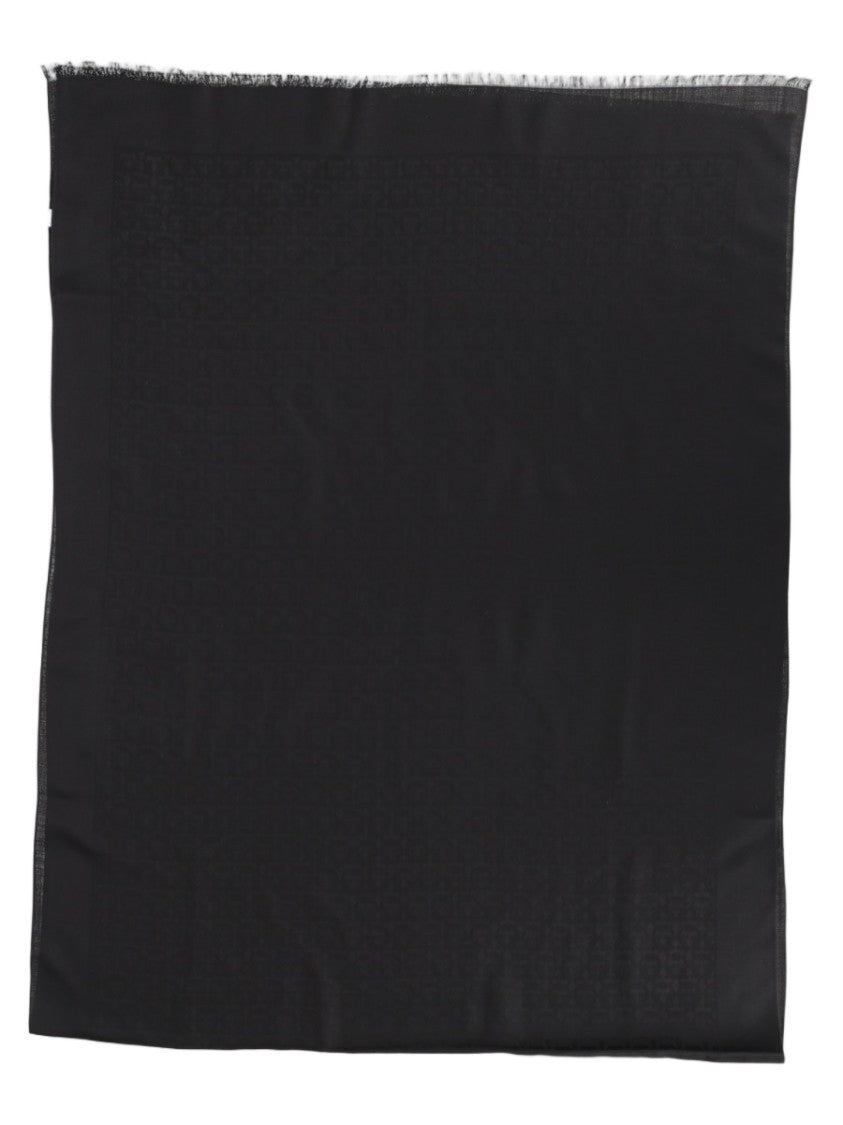 Ferragamo Black Large Tonal Pattern Fringed Silk-Blend Scarf