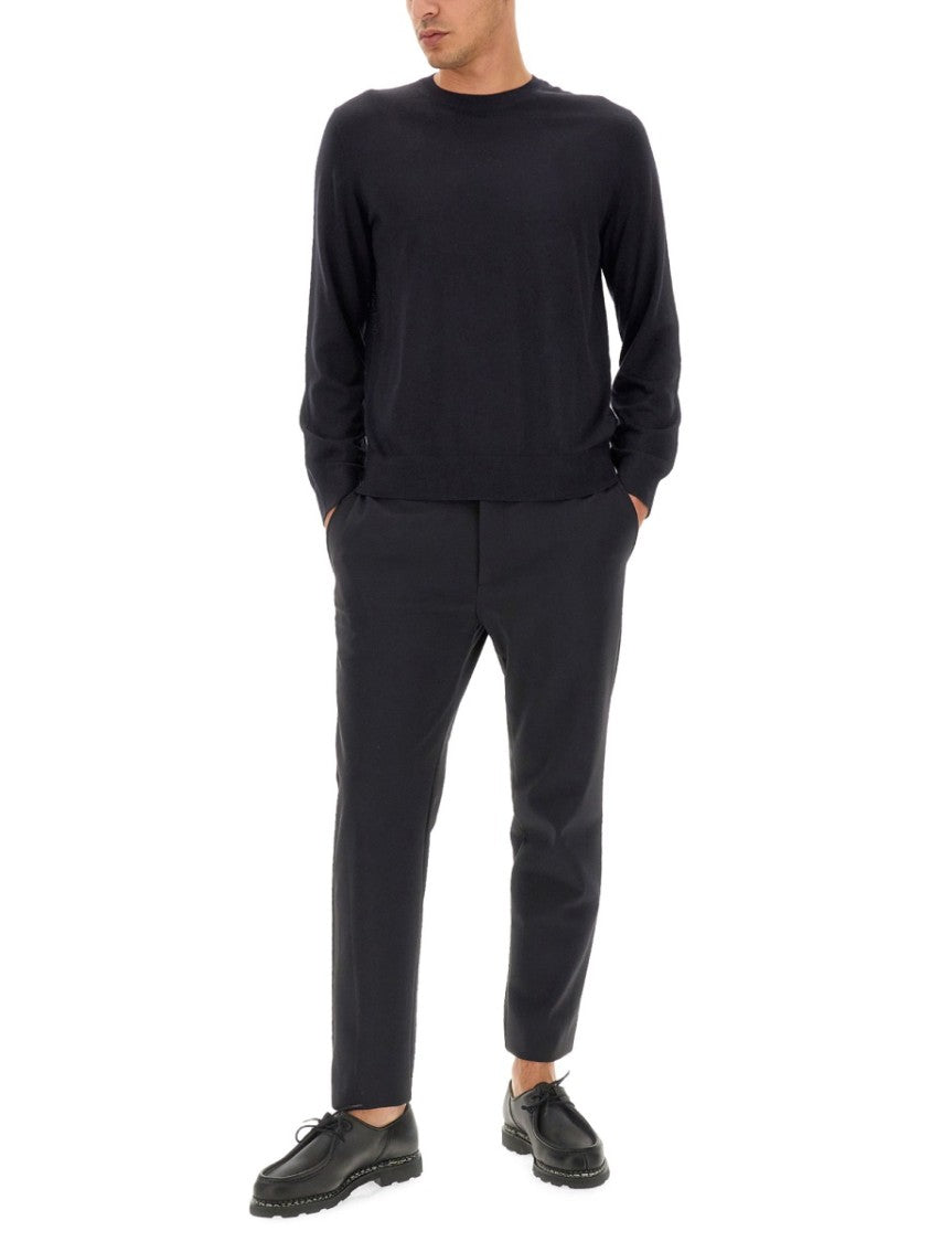 Theory Round Neck Black Wool Sweater With Ribbed Hem