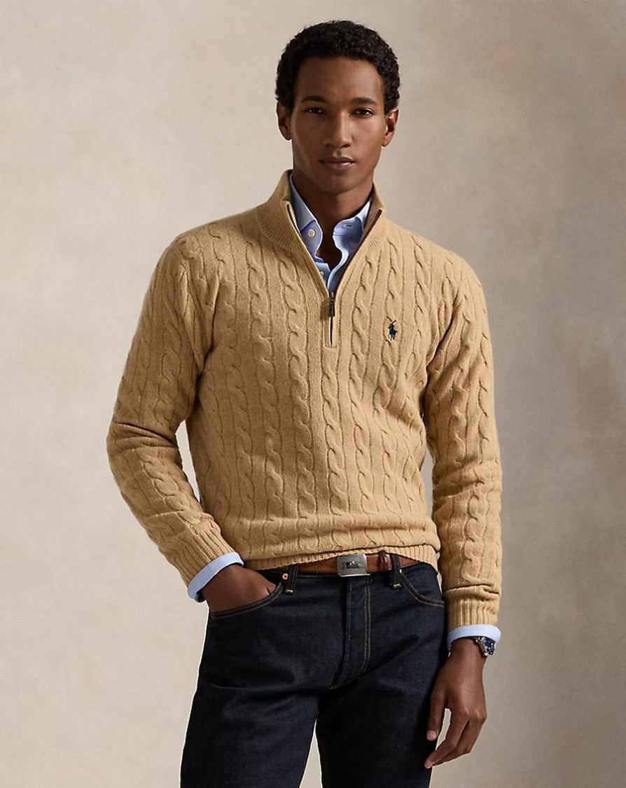 Polo Ralph Lauren Camel Cable-Knit Quarter-Zip Sweater