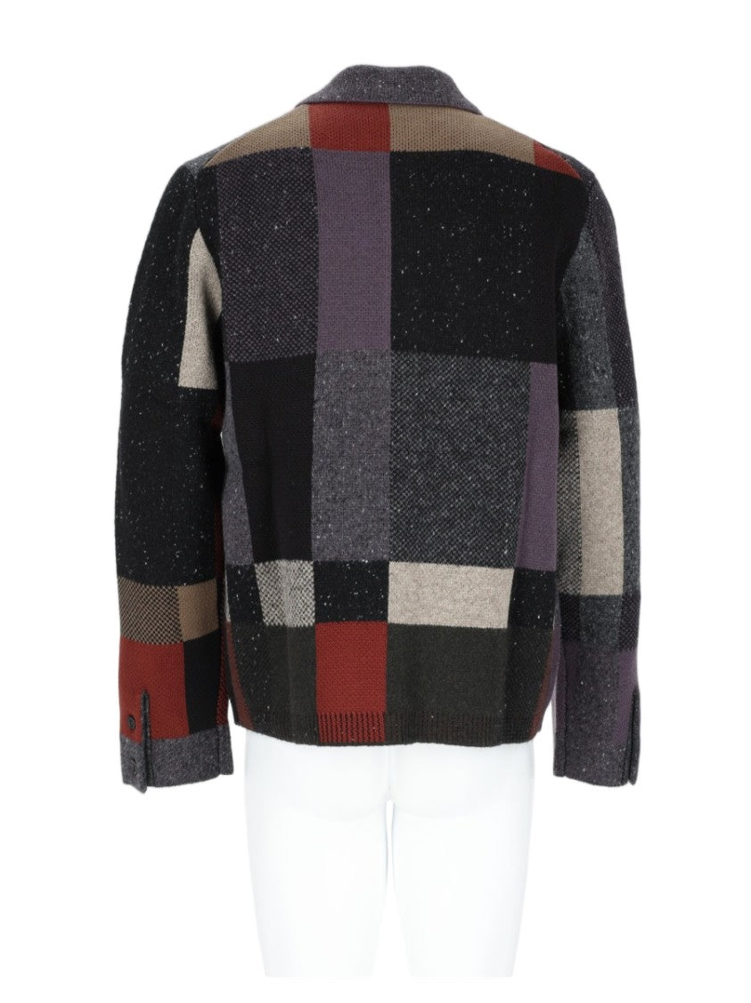 Ps Paul Smith Black Wool-Blend Rich Tone Patchwork Button-Up Sweater